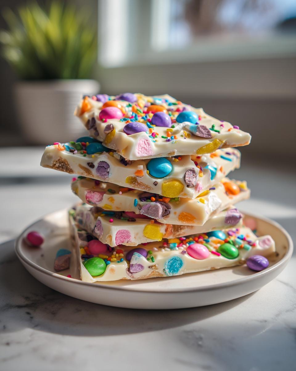Stack of colorful easter candy bark pieces with white chocolate and sprinkles on a plate.
