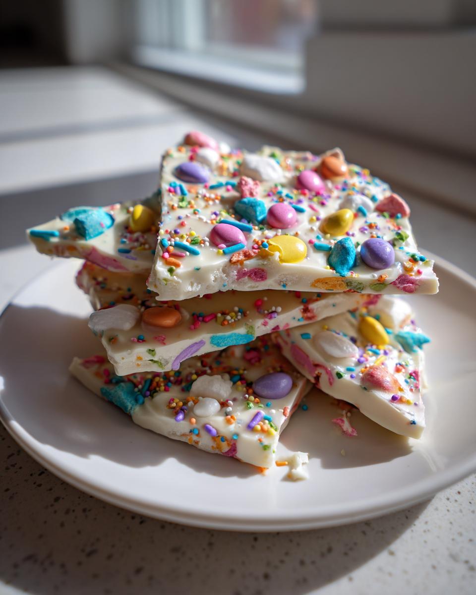 Stacked pieces of easter candy bark with colorful sprinkles and candy on white chocolate.