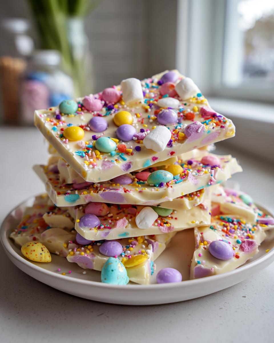 Stack of colorful easter candy bark pieces with sprinkles, marshmallows, and pastel candies on a white plate.