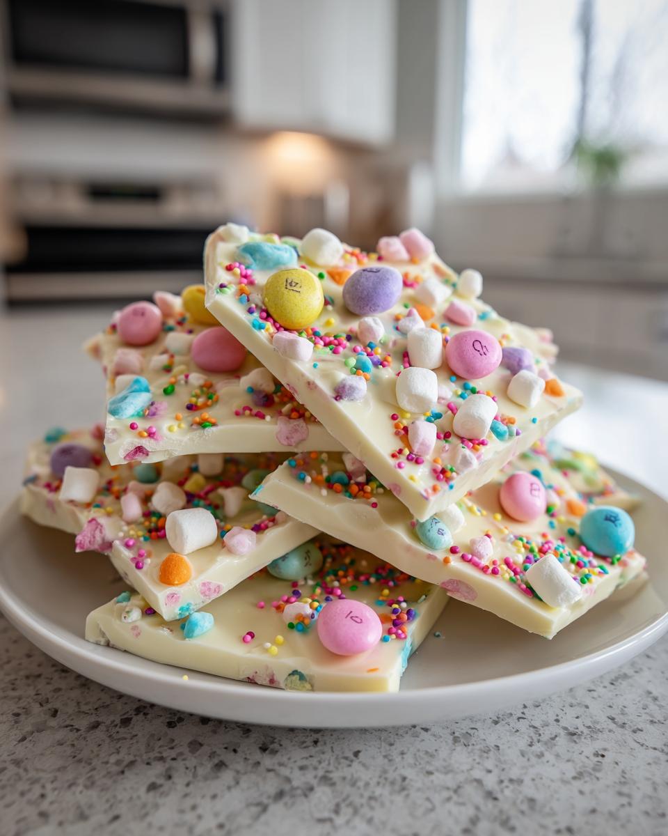 Stack of white chocolate easter candy bark with colorful sprinkles and pastel candies on a white plate.