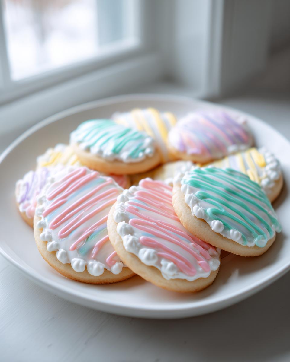 Plate of round cookies decorated with pastel icing in pink, green, yellow, and purple for easter cookies ideas