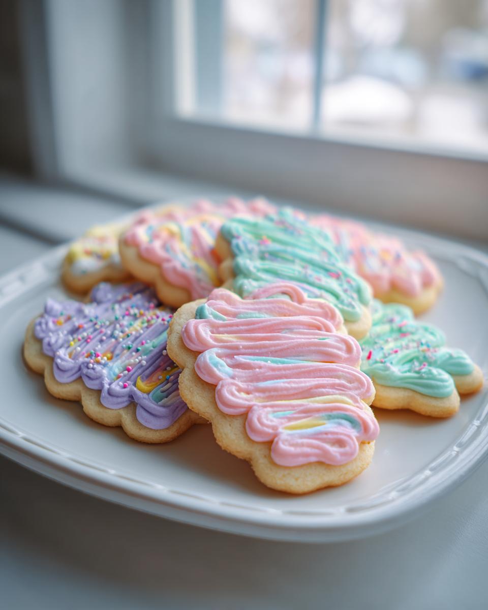 Plate of Easter cookies ideas decorated with pastel-colored icing and sprinkles near a window.