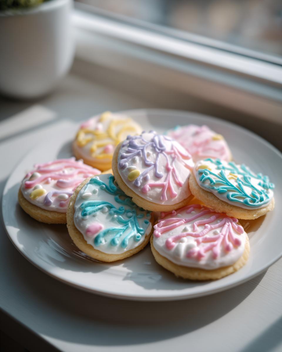 Plate of round sugar cookies decorated with pastel icing in pink, blue, yellow, and purple for easter cookies ideas