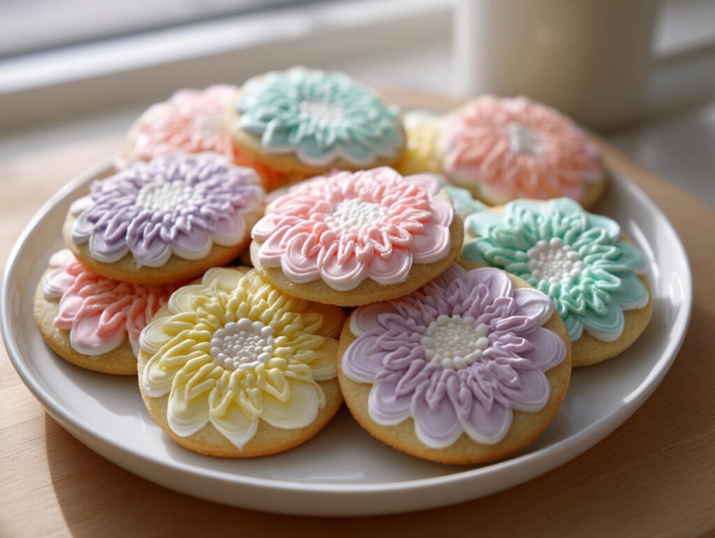 Plate of round Easter cookies ideas decorated with pastel flower icing in pink, purple, yellow, and teal