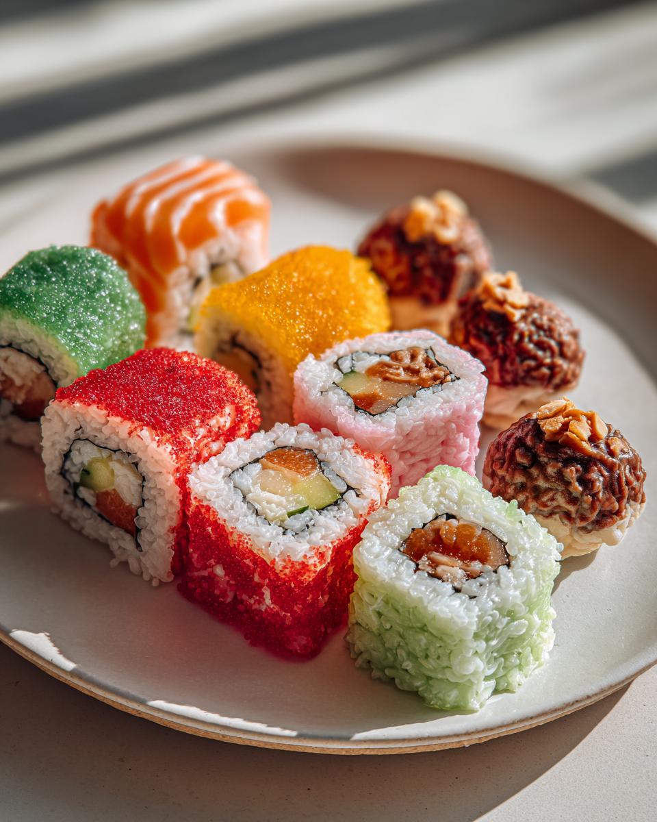 Plate of colorful sushi rolls with various toppings, perfect april fool themed snacks.
