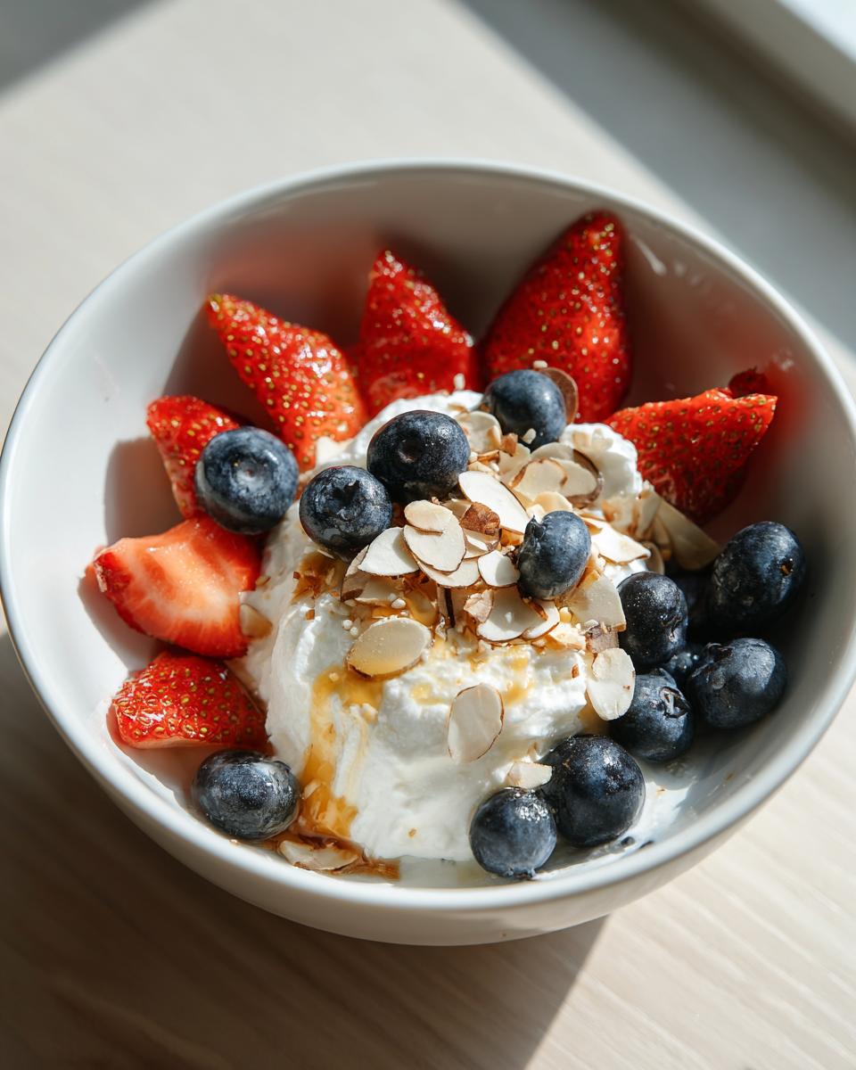 Cottage cheese breakfast bowl ideas with strawberries, blueberries, almond slices, and honey drizzle