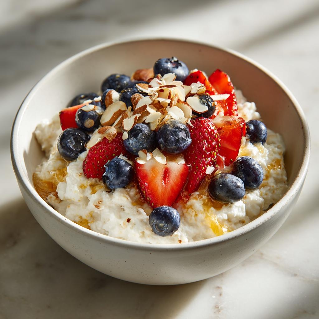 Cottage cheese breakfast bowl topped with blueberries, strawberries, sliced almonds, and honey drizzle.