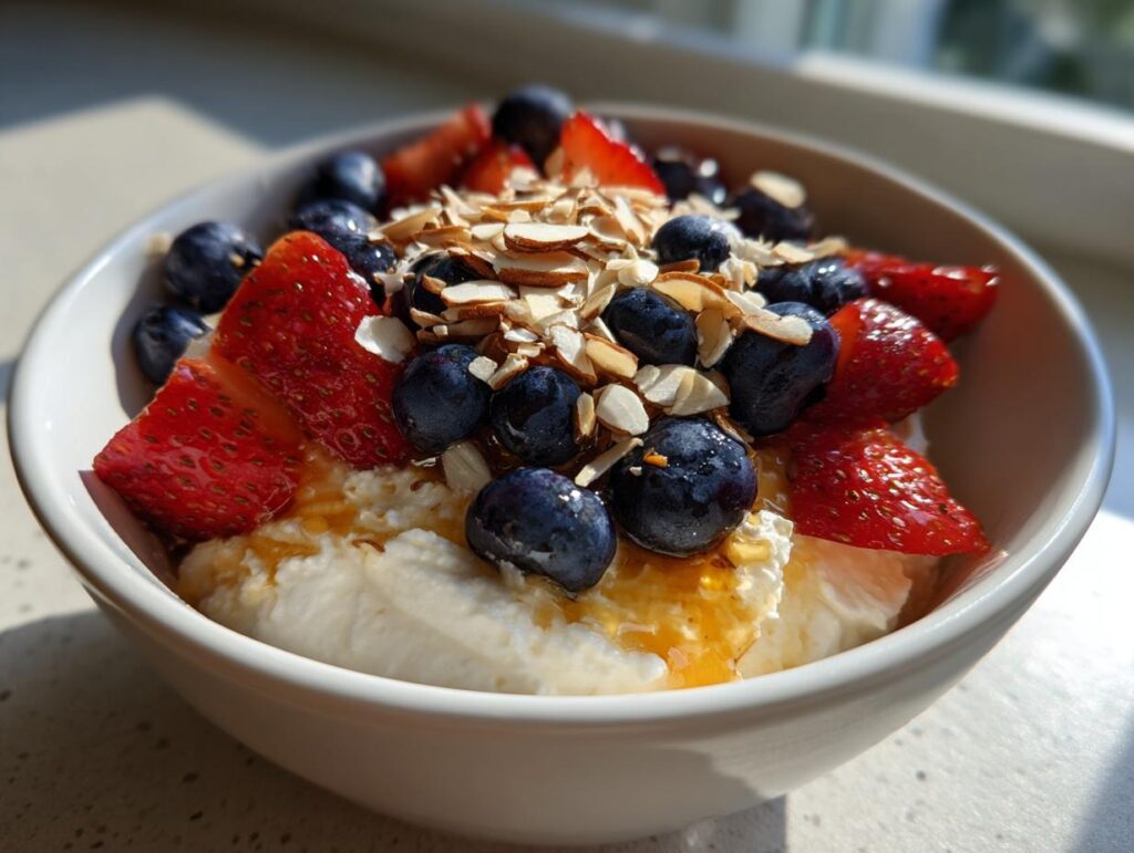 Cottage cheese breakfast bowl ideas with strawberries, blueberries, sliced almonds, and honey drizzle.