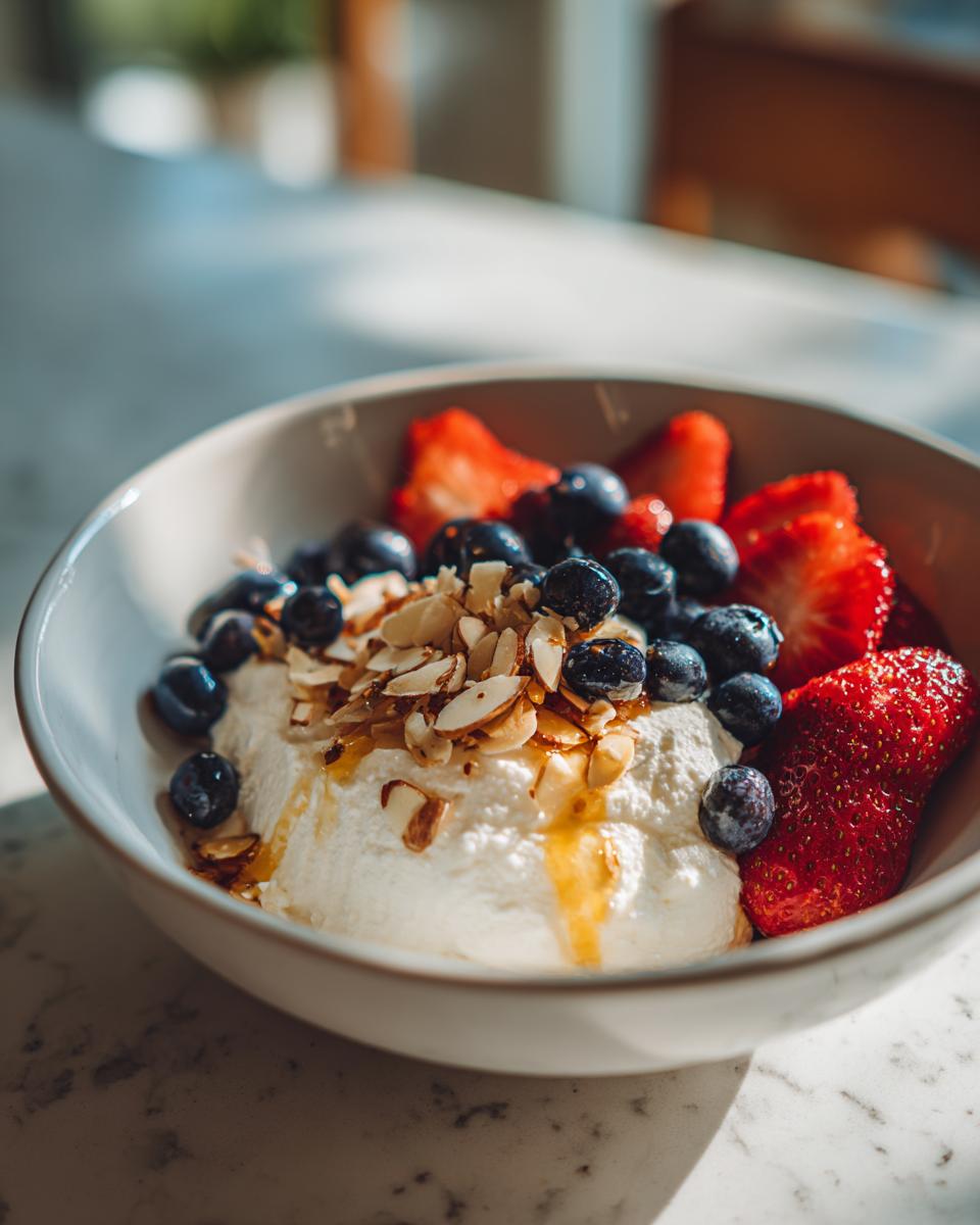 Cottage cheese breakfast bowl topped with blueberries, strawberries, sliced almonds, and honey drizzle.