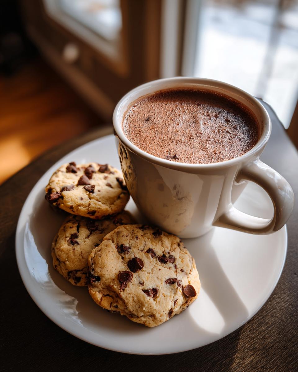 Cup of cozy snowy day hot cocoa with three chocolate chip cookies on a white plate