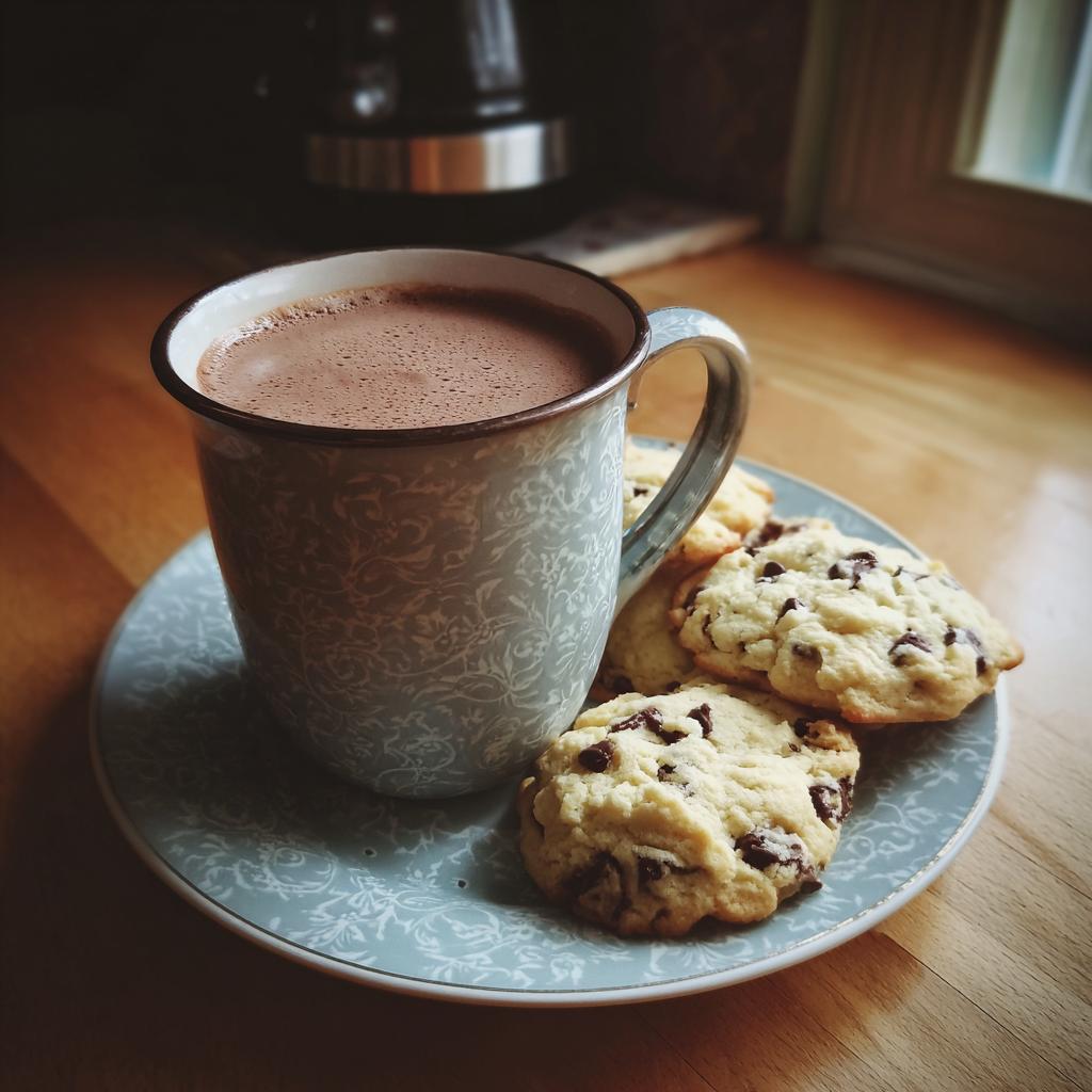 Cup of cozy snowy day hot cocoa with chocolate chip cookies on a patterned plate