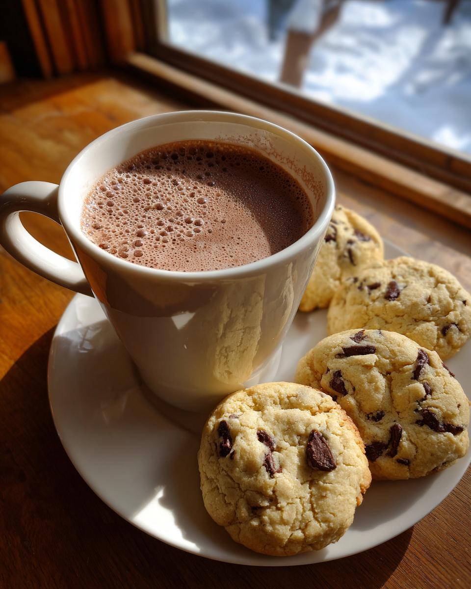Cup of cozy snowy day hot cocoa with chocolate chip cookies on a white plate by a window