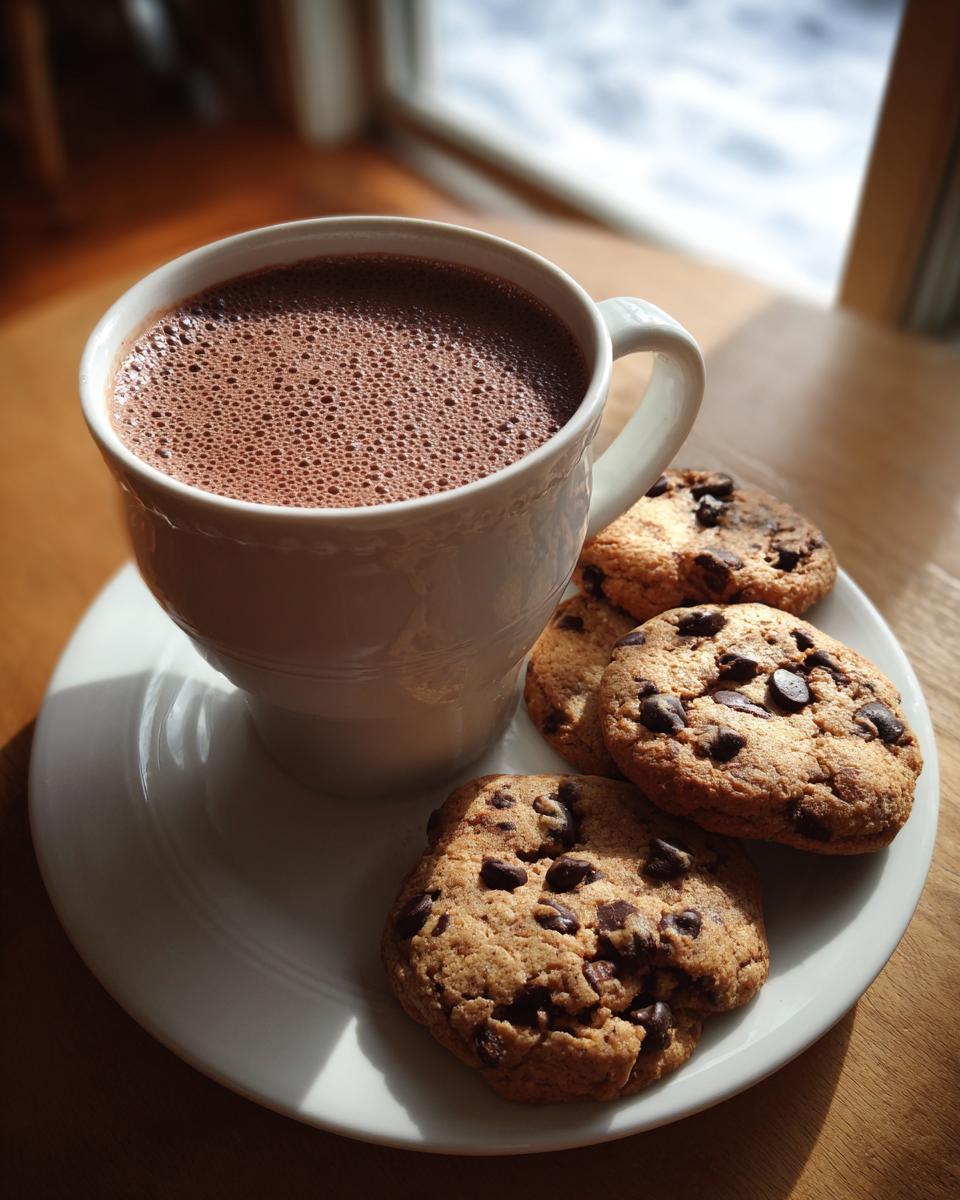 White cup of hot cocoa with chocolate chip cookies on a white plate by a snowy window