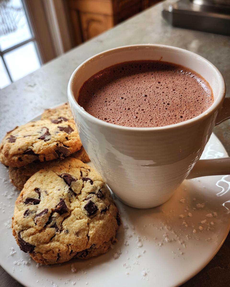 Cup of cozy snowy day hot cocoa with chocolate chip cookies on a white plate