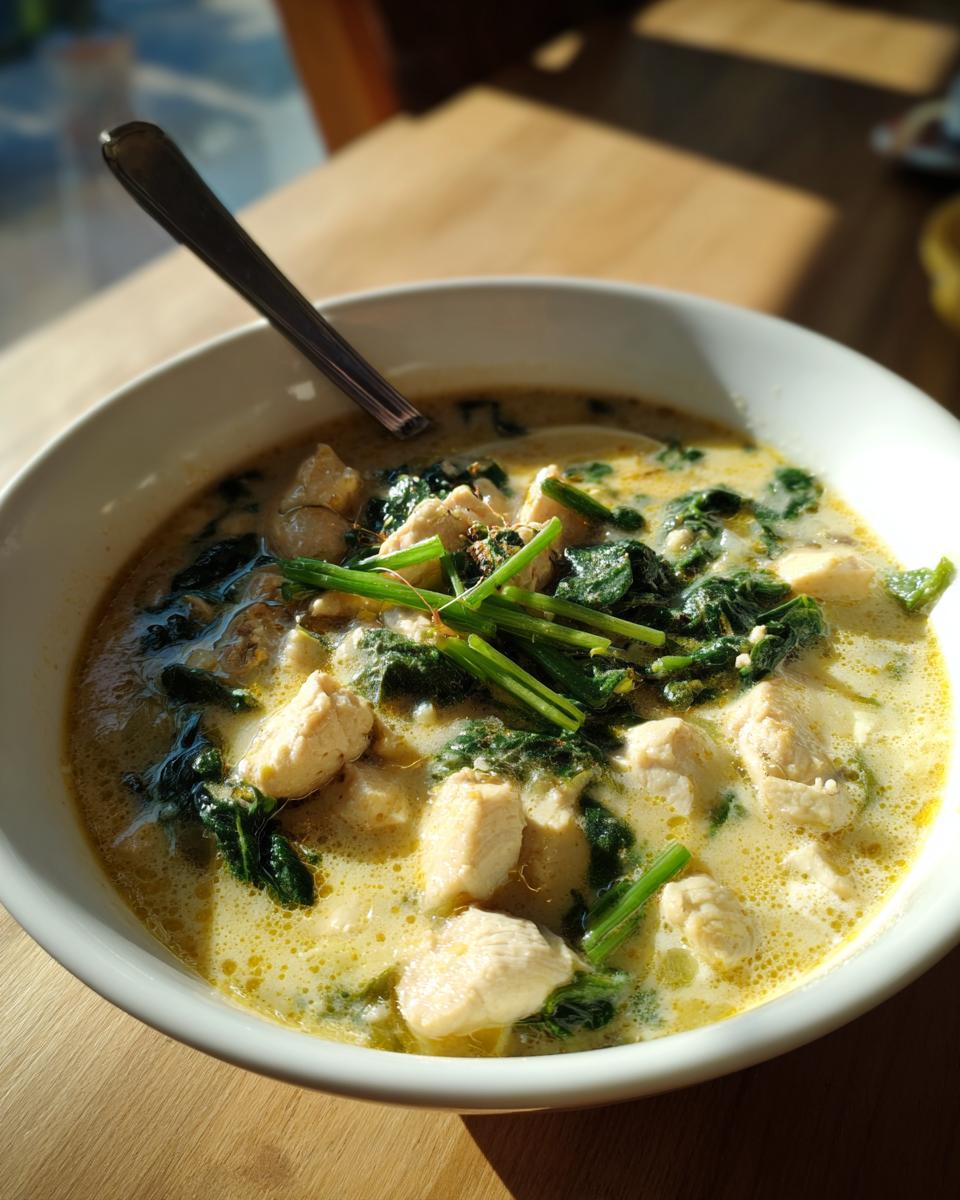 White bowl filled with creamy chicken and spinach soup lightened up with chunks of chicken and fresh spinach.