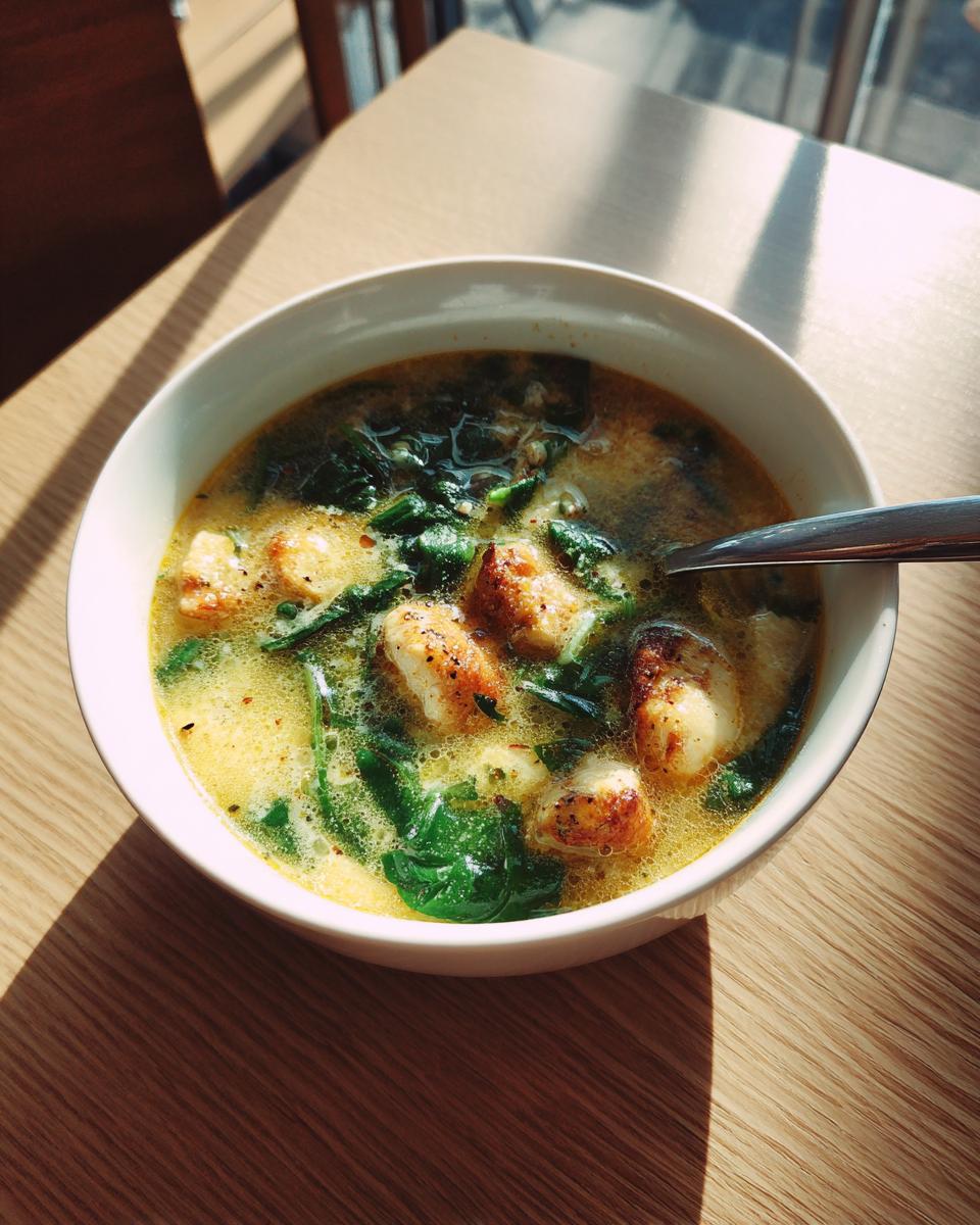 White bowl filled with creamy chicken and spinach soup lightened up with chunks of chicken and fresh spinach