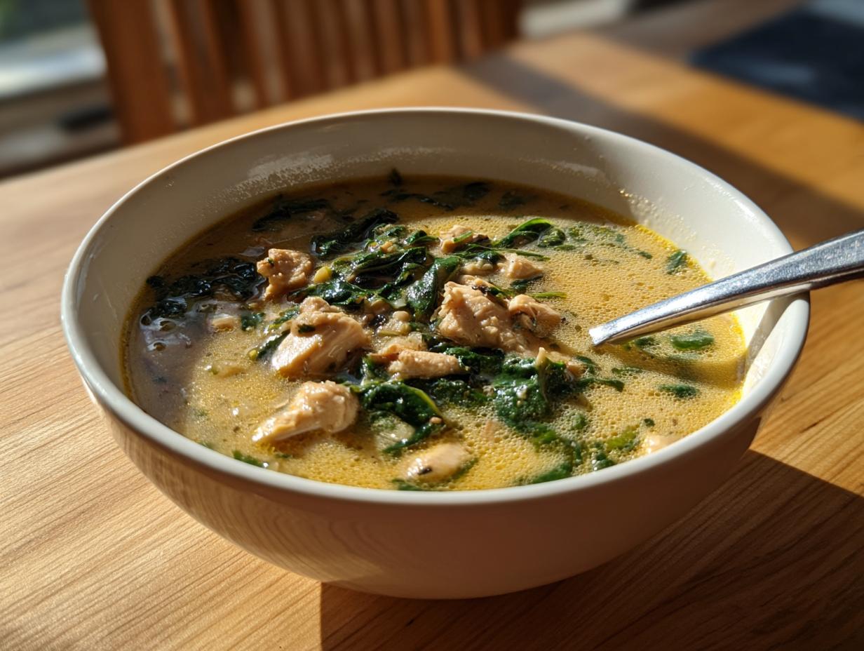 Creamy chicken and spinach soup lightened up served in a white bowl with a spoon
