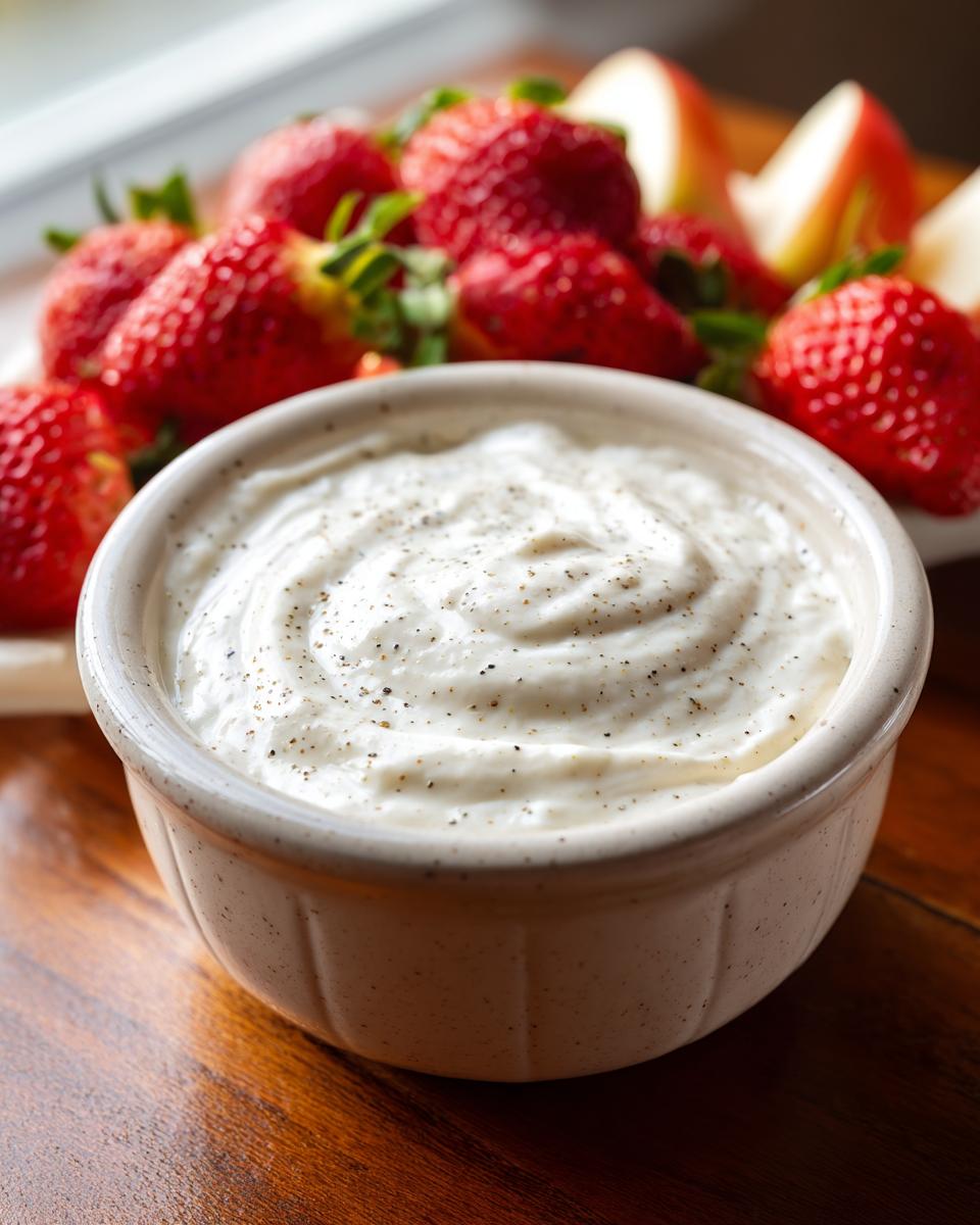 Bowl of creamy greek yogurt fruit dip with honey and vanilla next to fresh strawberries and apple slices
