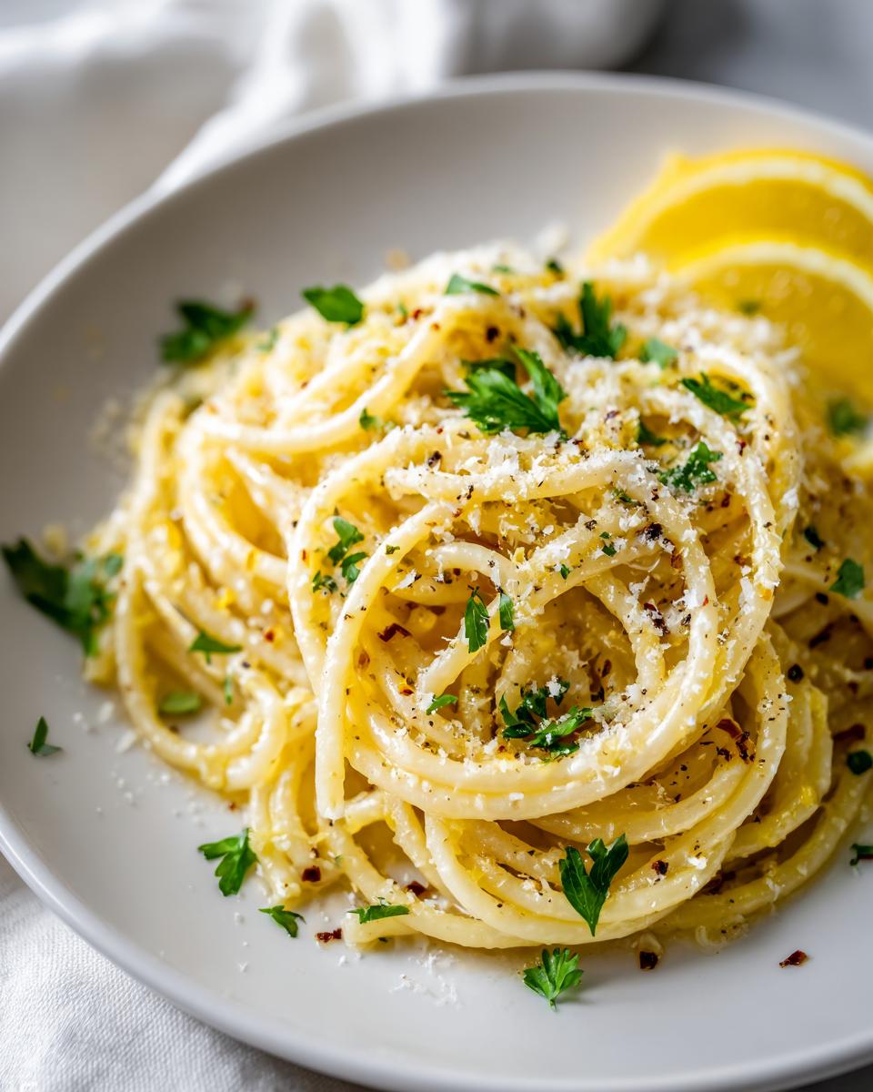 Plate of creamy spring lemon pasta sprinkled with parsley, grated cheese, and lemon wedges.