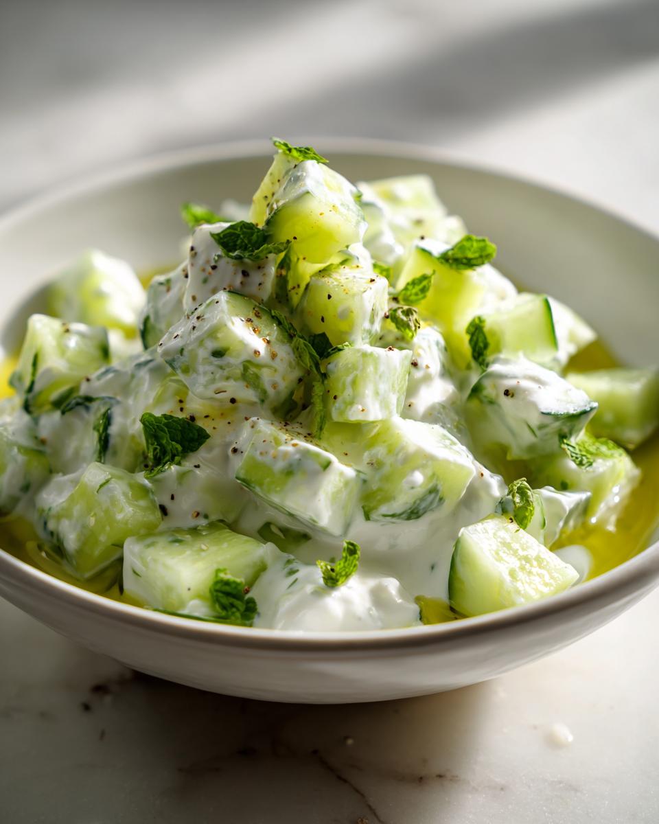 Bowl of creamy yogurt cucumber salad for iftar garnished with fresh mint leaves and black pepper