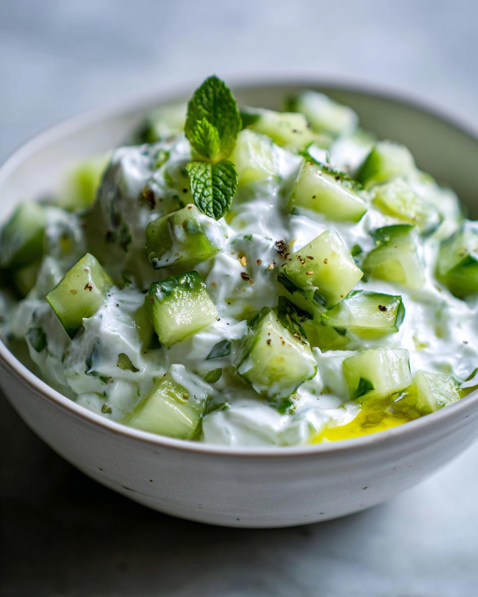 Bowl of creamy yogurt cucumber salad for iftar garnished with fresh mint leaves and black pepper.