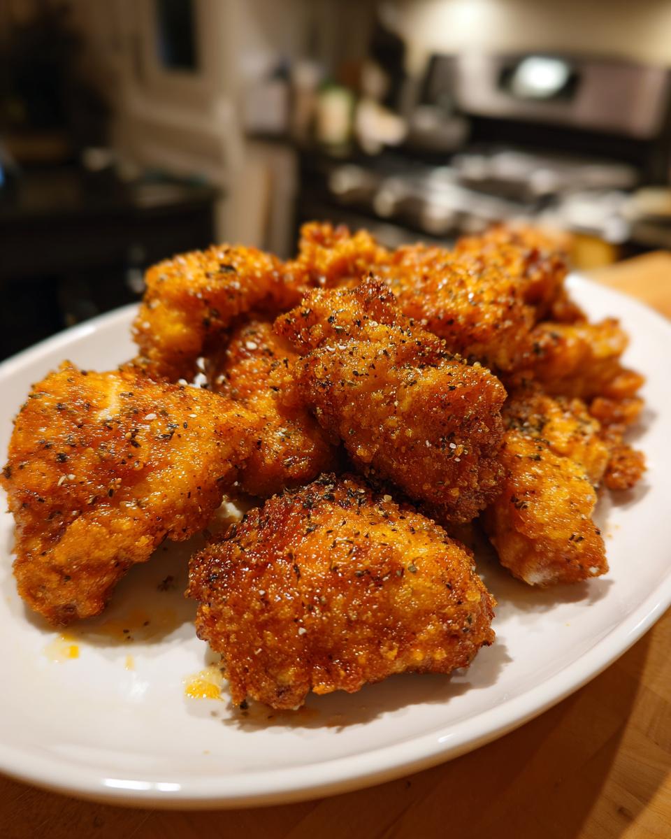 Golden crispy chicken bites seasoned and cooked in an air fryer on a white plate.