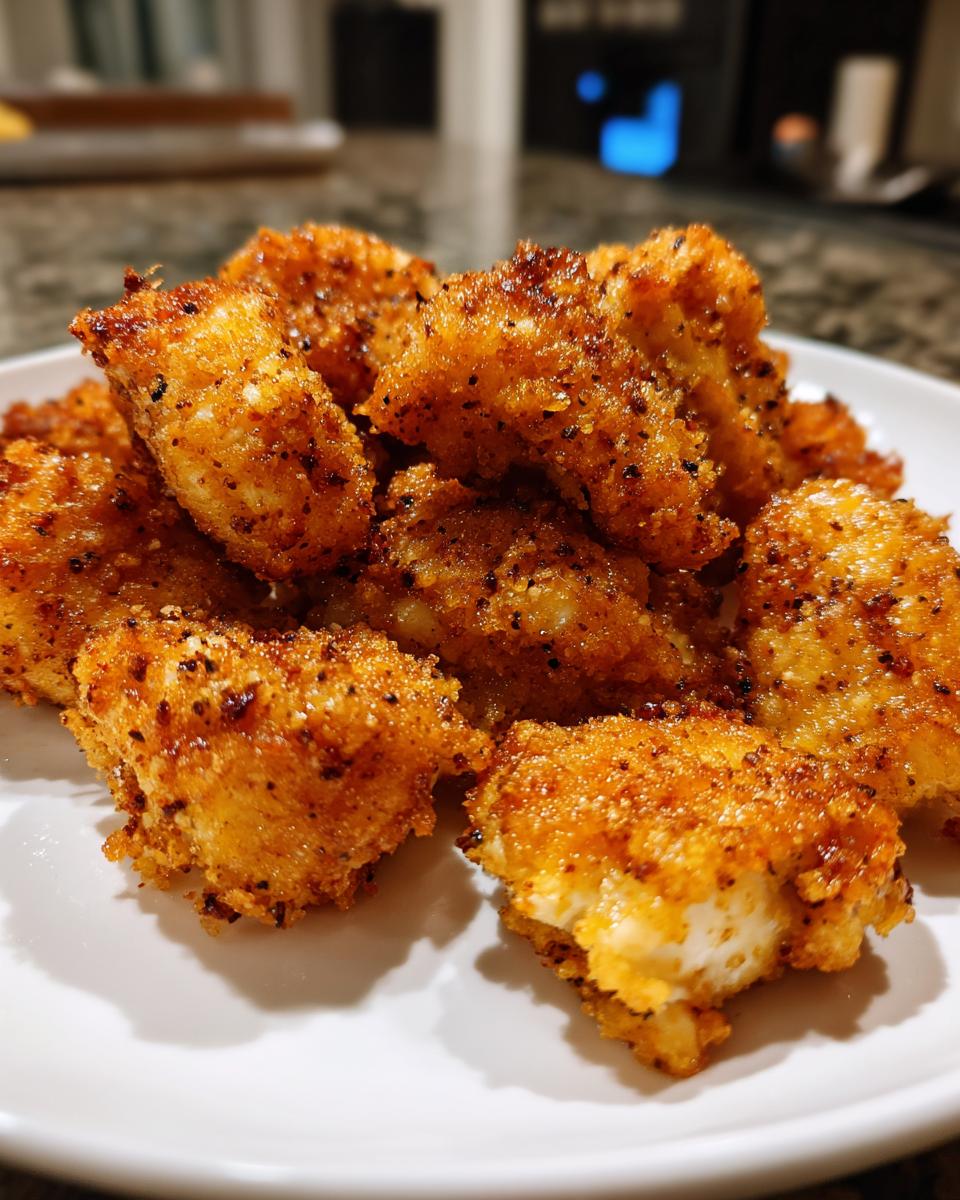 Golden crispy air fryer chicken bites seasoned and served on a white plate.
