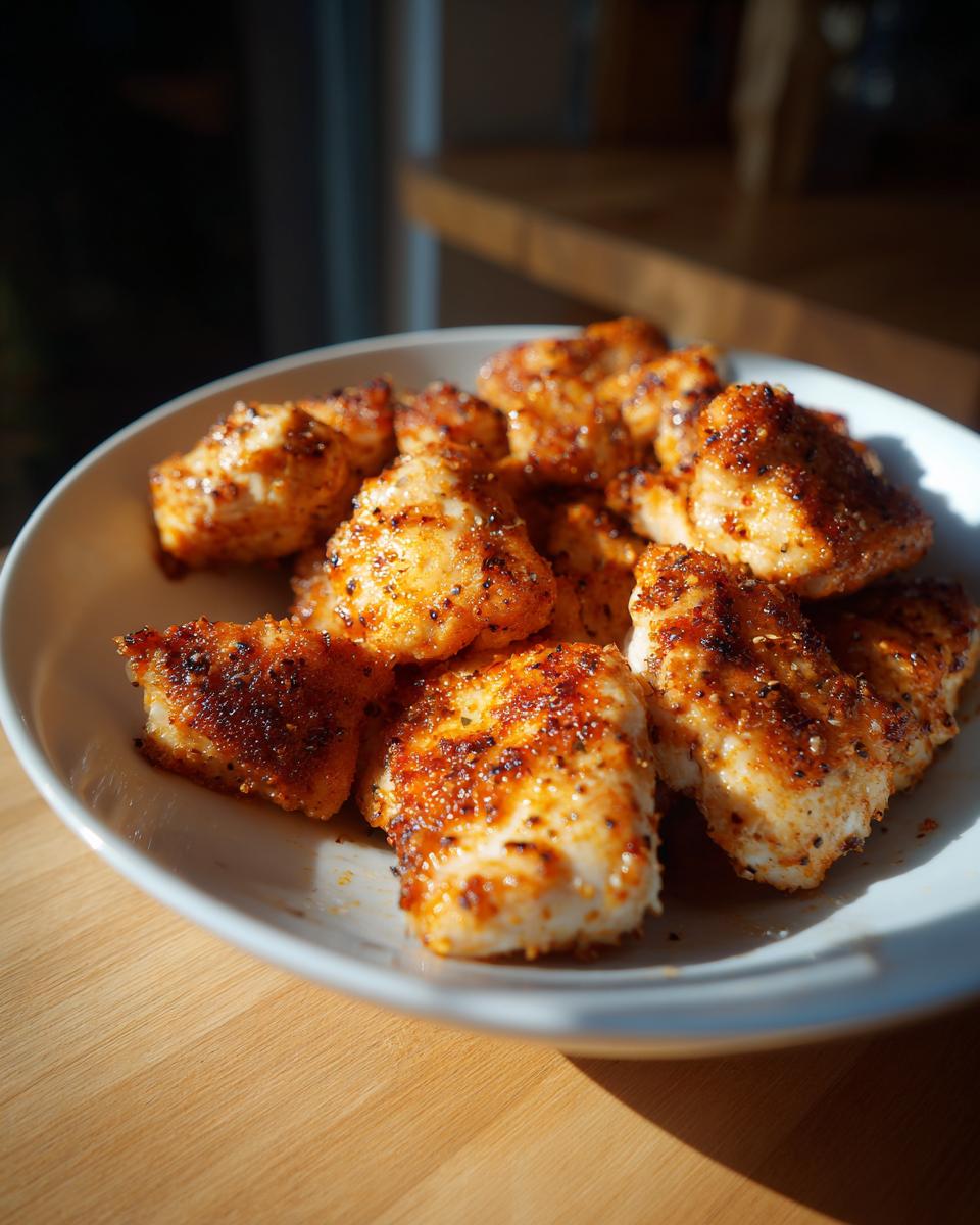 Golden crispy air fryer chicken bites seasoned and served on a white plate.