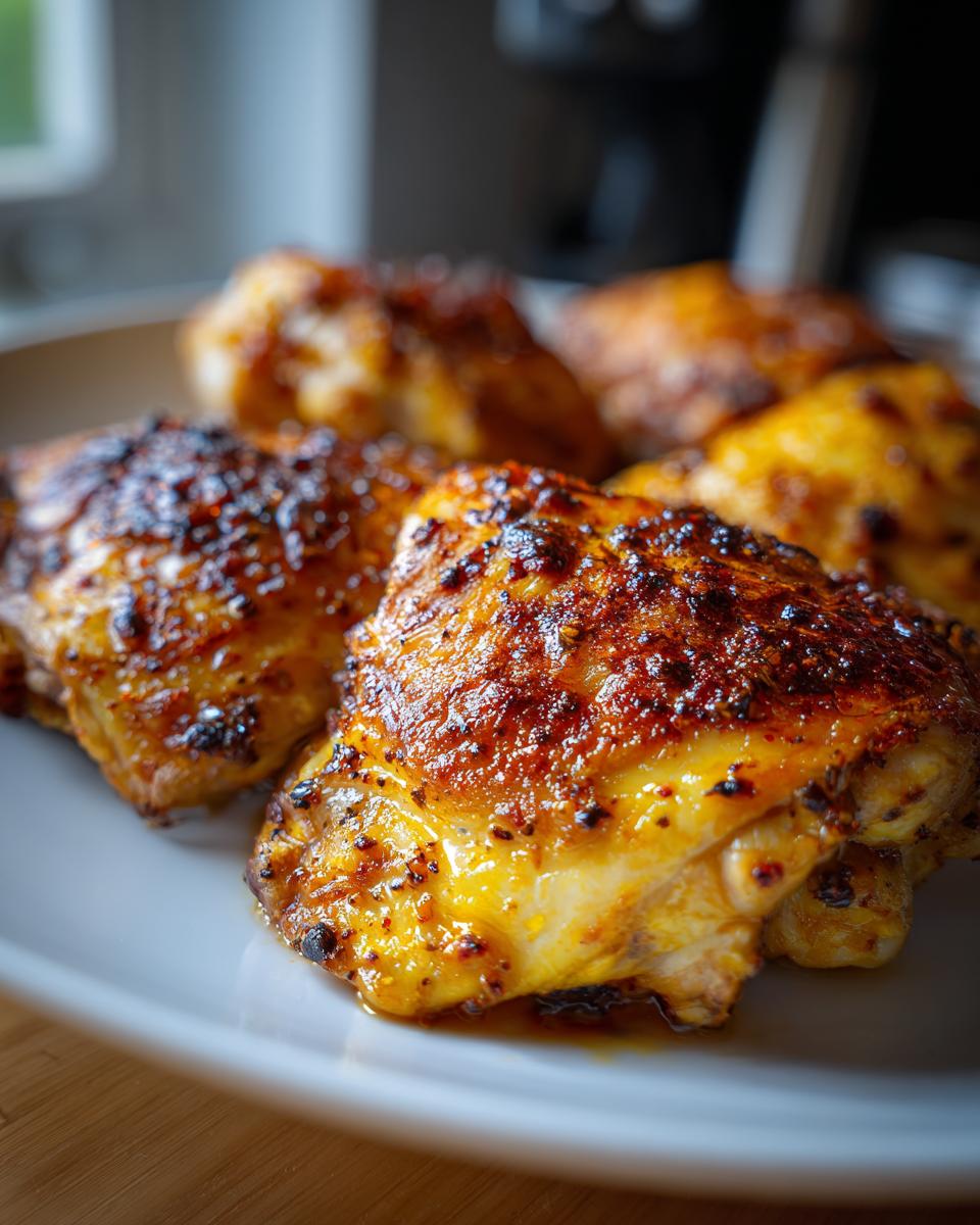 Close-up of crispy golden-brown air fryer chicken thighs on a white plate.