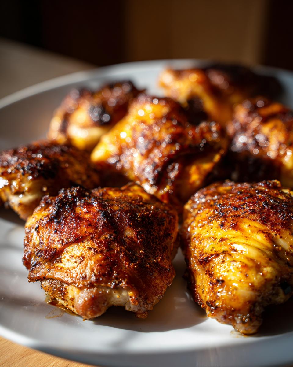 Close-up of crispy air fryer chicken thighs with golden brown skin on a white plate.