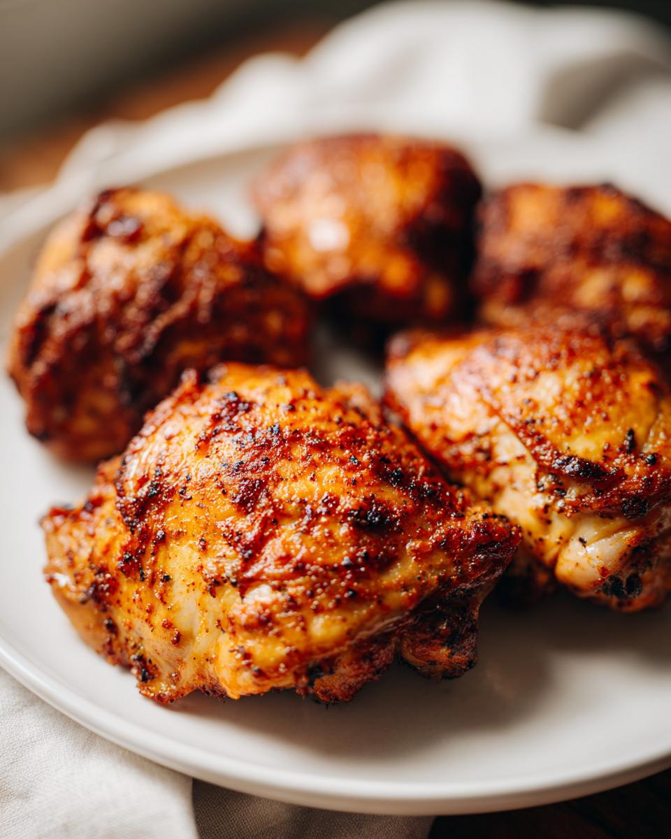 Close-up of crispy golden-brown air fryer chicken thighs on a white plate.