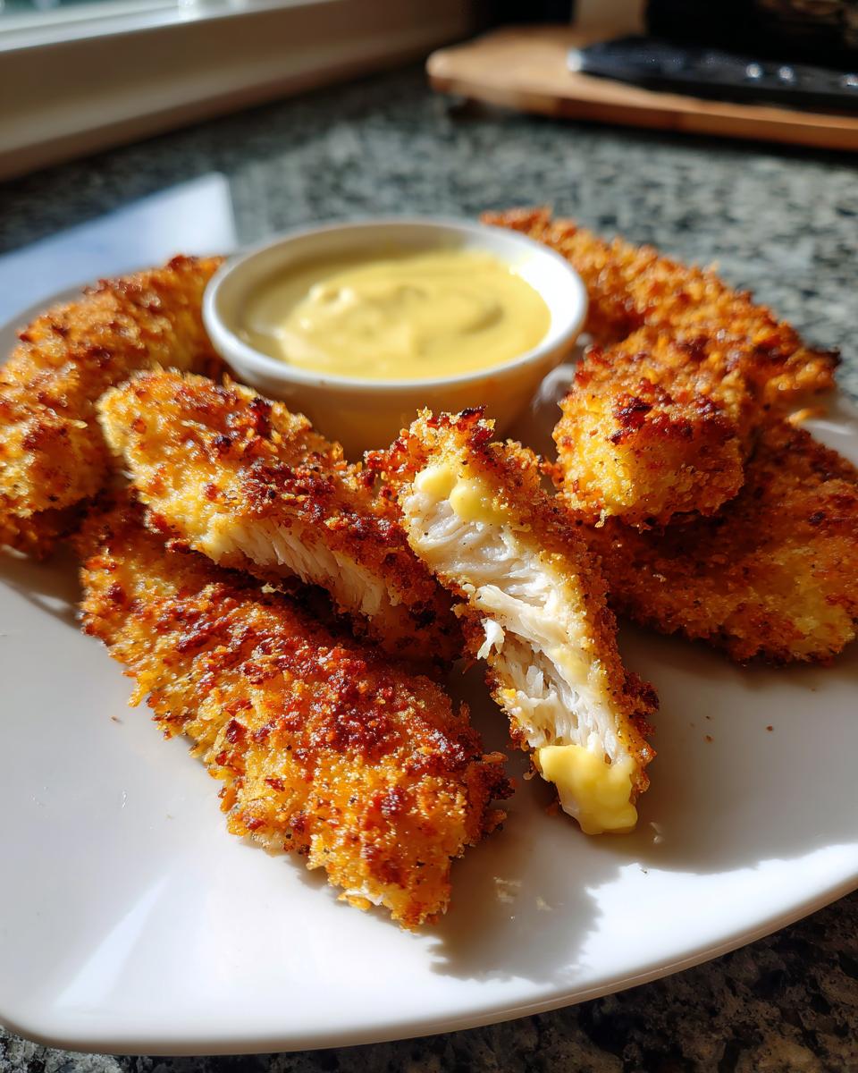 Golden crispy baked chicken tenders served with a creamy honey mustard dip on a white plate.