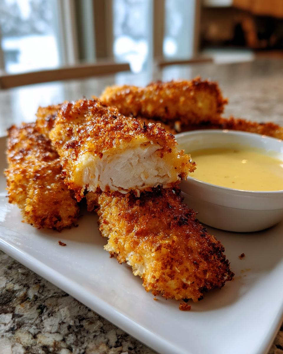 Close-up of crispy baked chicken tenders with a side of honey mustard dip in a white bowl
