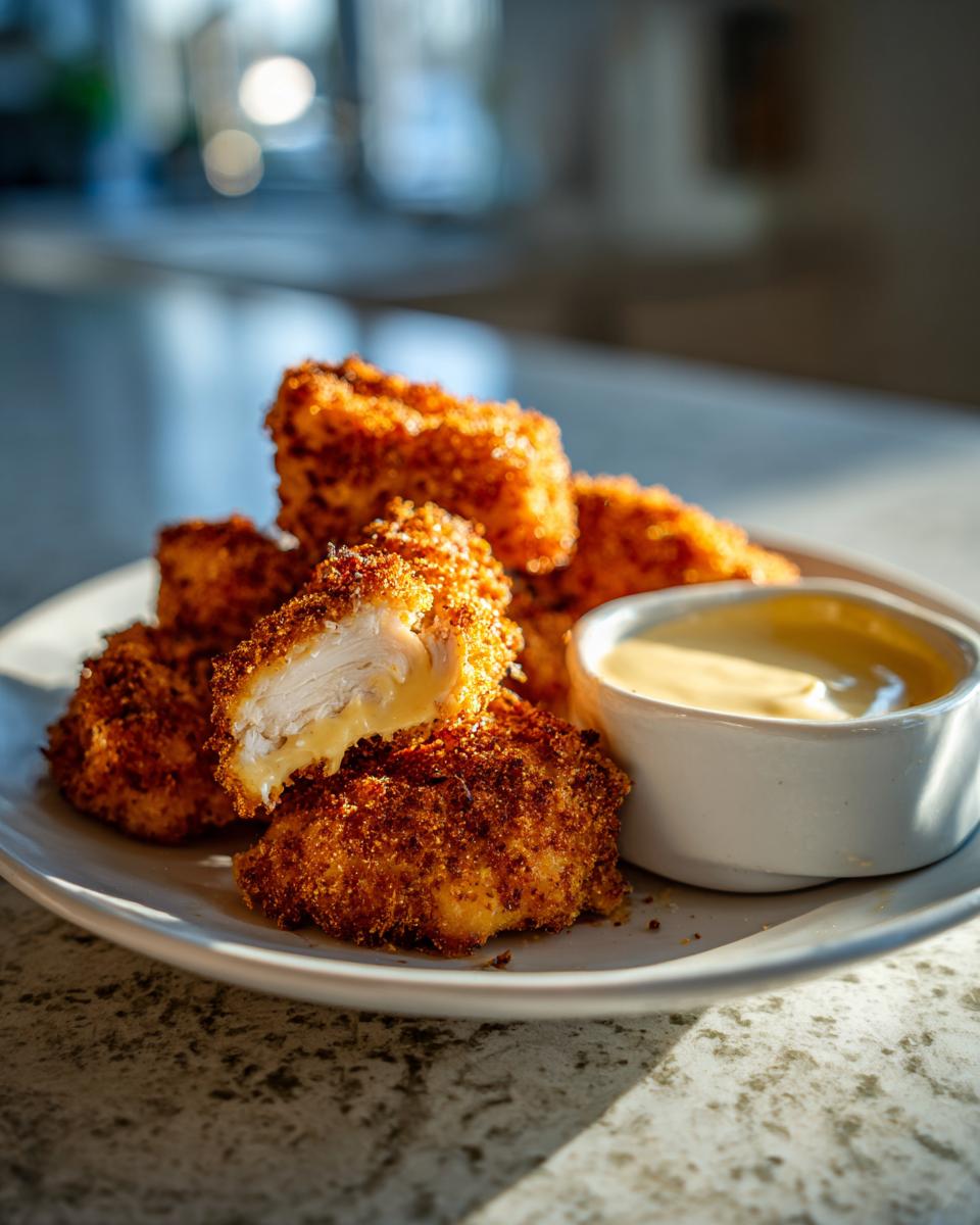 Plate of crispy baked chicken tenders with a side of honey mustard dip.