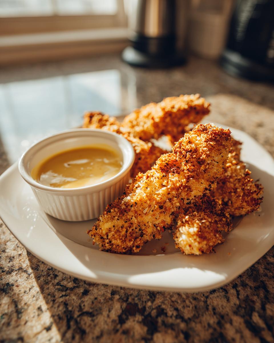 Plate of crispy baked chicken tenders served with a small bowl of honey mustard dip
