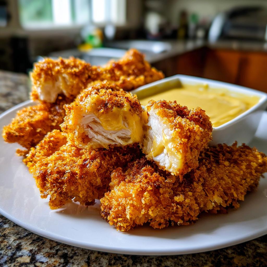 Close-up of crispy baked chicken tenders with honey mustard dip on a white plate