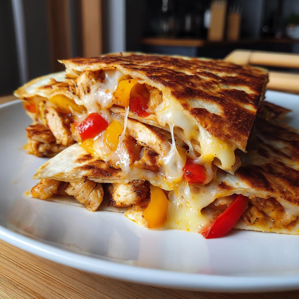 Close-up of crispy chicken quesadillas with melted cheese, red and yellow peppers, and onions.
