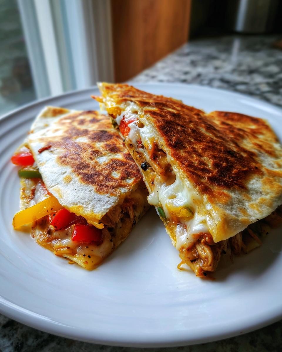 Two crispy chicken quesadillas with peppers and onions on a white plate.
