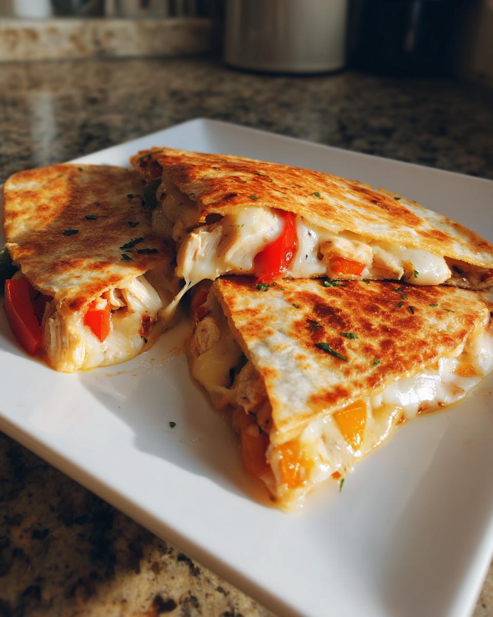 Golden brown chicken quesadillas with melted cheese, peppers, and onions on a white plate