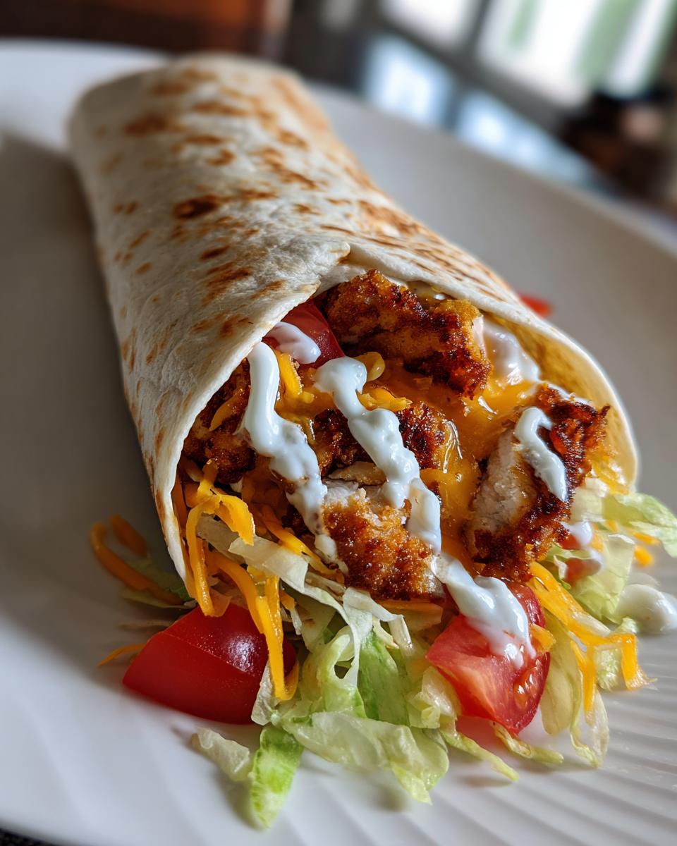 Close-up of a crispy chicken wrap with shredded lettuce, cheddar cheese, tomato, and ranch dressing