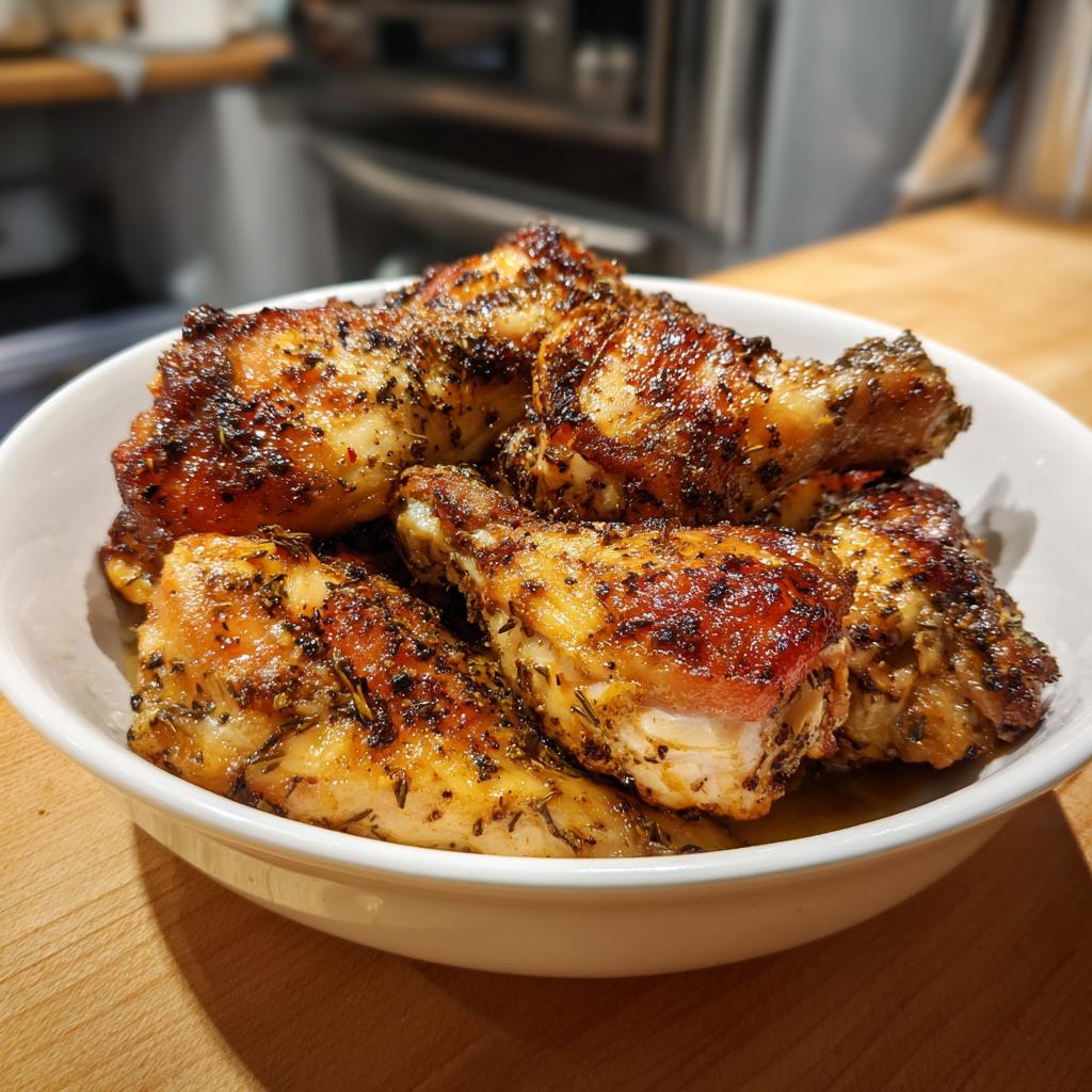 Bowl of crispy herb-seasoned chicken wings cooked using simple air fryer dinner recipes.