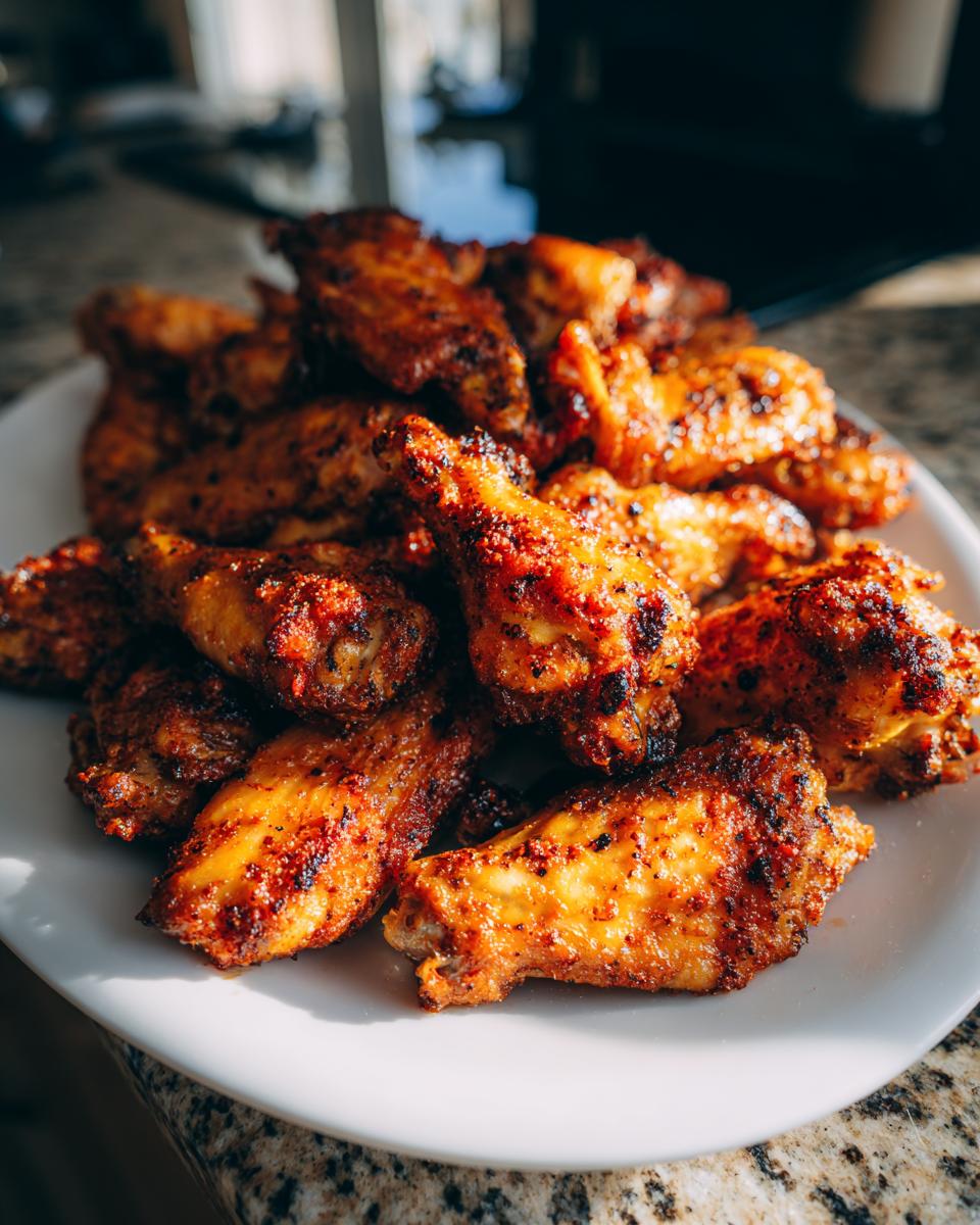 Plate of crispy golden baked chicken wings seasoned and cooked to perfection
