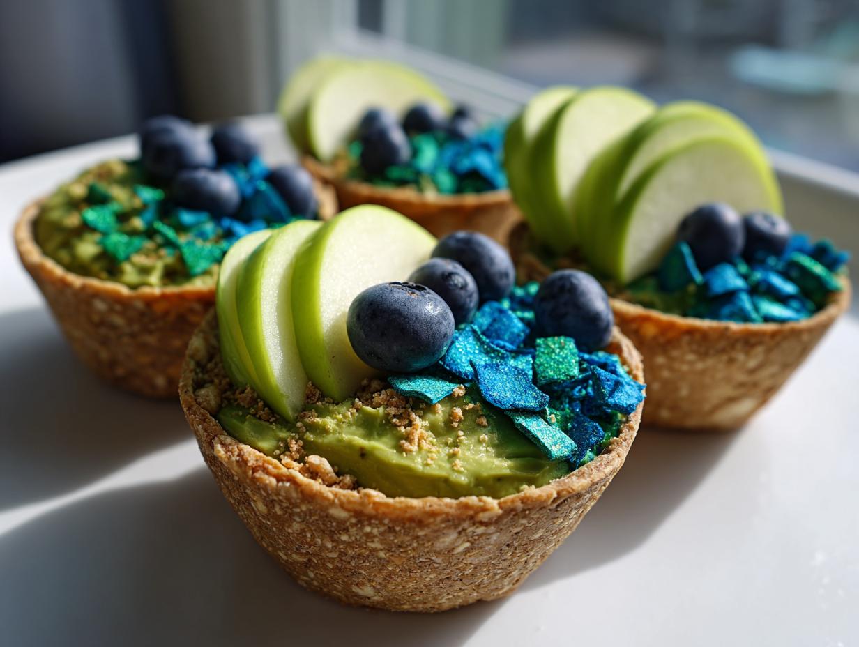 Oat cups filled with green avocado spread, topped with apple slices, blueberries, and blue edible decorations earth day themed snacks