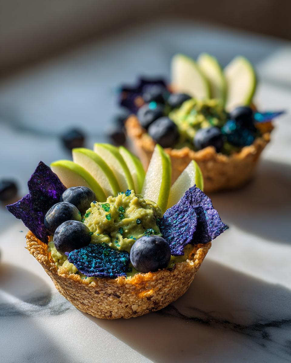 Earth day themed snacks with blueberries, green apple slices, and purple chips in oat cups.