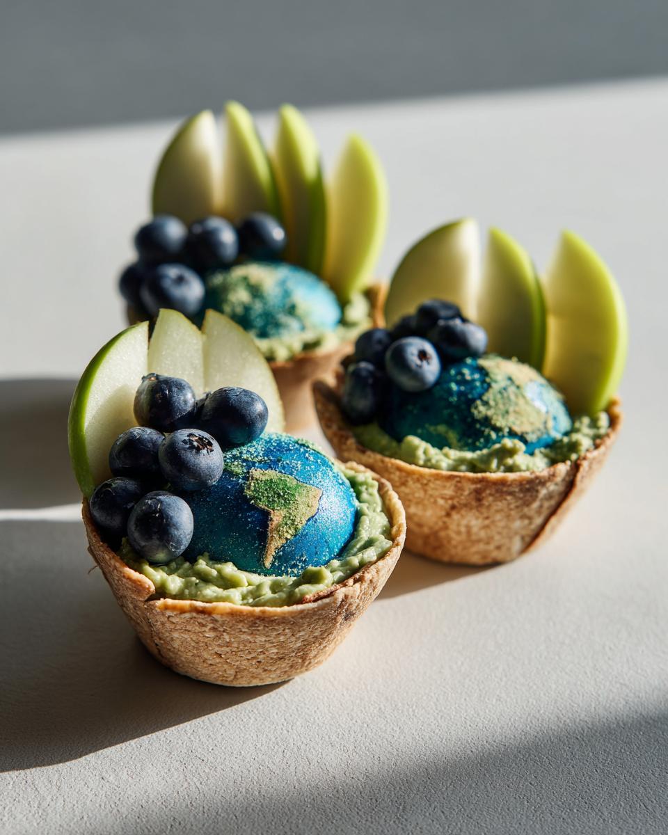 Earth day themed snacks featuring edible Earth designs with blueberries and apple slices in tart shells.