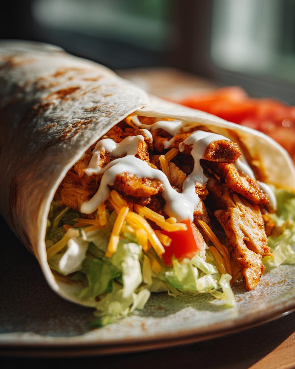 Close-up of an easy chicken wrap with grilled chicken, lettuce, shredded cheese, and sauce.
