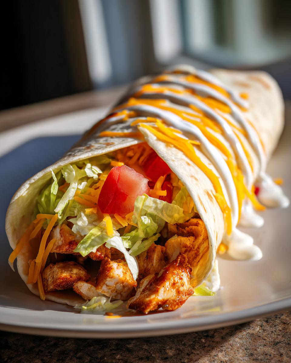 Close-up of an easy chicken wrap filled with grilled chicken, lettuce, tomato, shredded cheddar, and drizzled sour cream