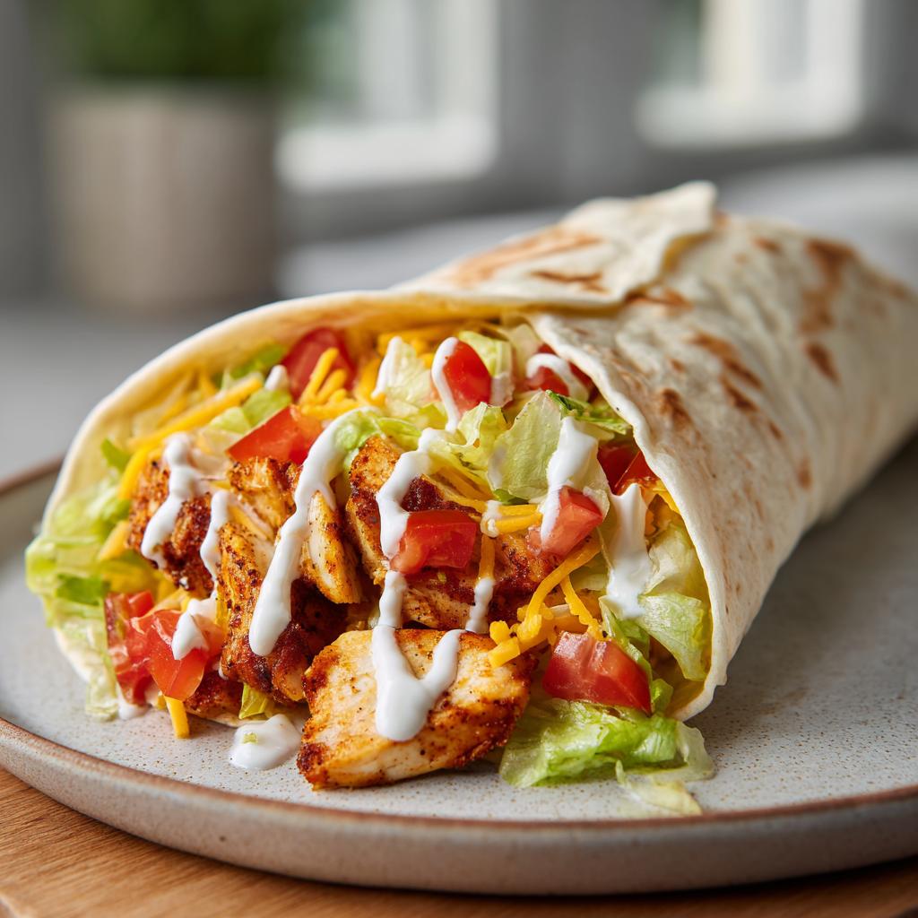 Close-up of an easy chicken wrap filled with grilled chicken, lettuce, tomato, shredded cheese, and drizzled sauce.