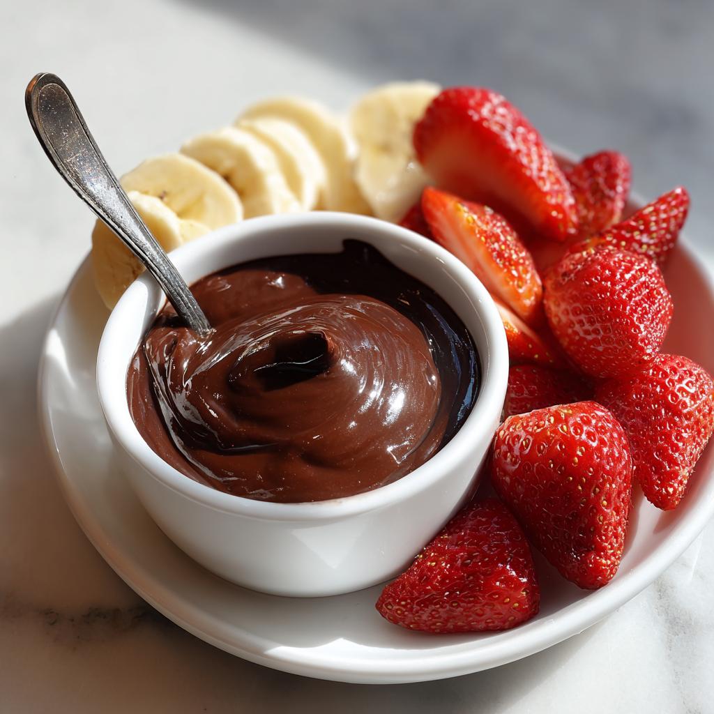 Bowl of chocolate dessert dip with sliced bananas and strawberries on a white plate