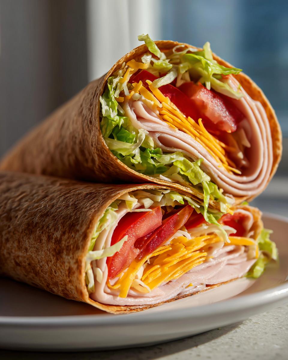 Close-up of an easy turkey wrap filled with turkey slices, shredded cheddar, lettuce, and tomato.